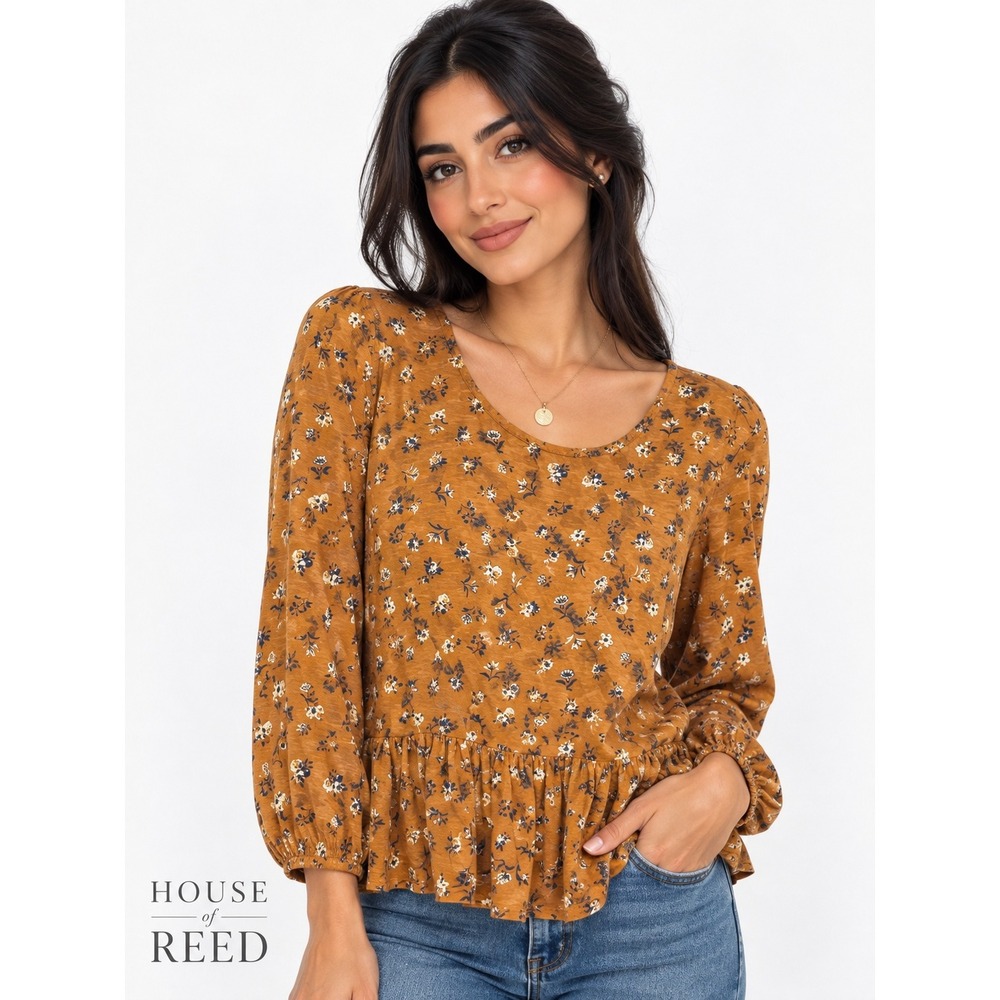 Lucky Brand Women Mustard Floral Peplum Top Long Sleeve Cotton Modal Blouse L